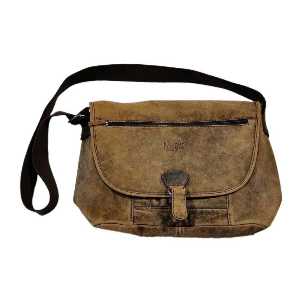 Wilsons Leather M Julian Brown Distressed Leather Messenger Bag Grunge Sleaze